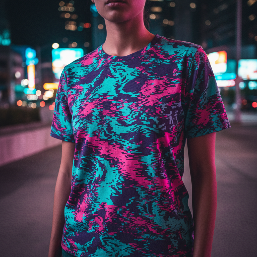 Futuristic t-shirt with datamoshing art worn by model in urban night, vibrant colors.