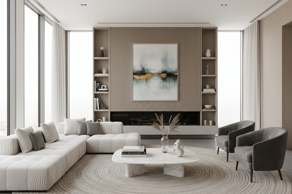 Spacious and elegant living room with high-end decor, bathed in natural light, evoking premium real estate appeal