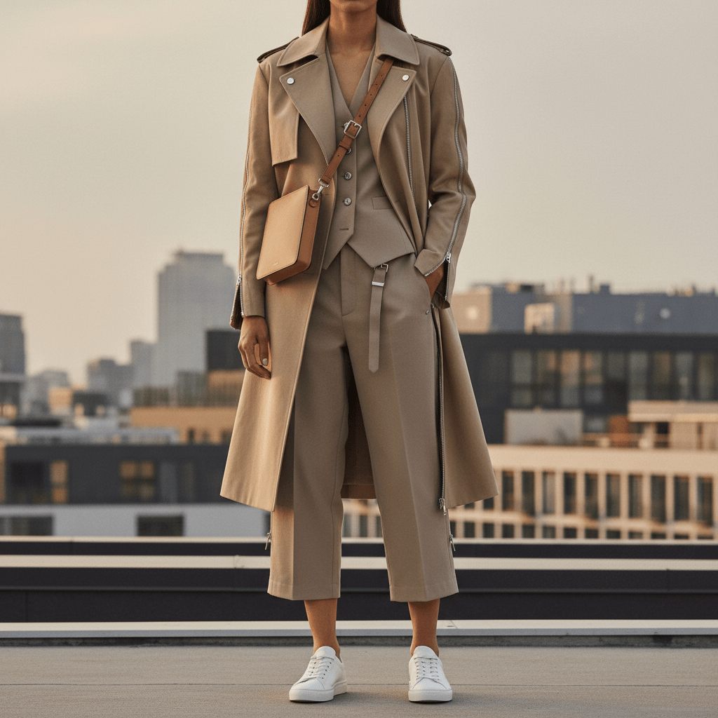Modular beige organic cotton trench coat with zip-off sleeves and convertible trousers.