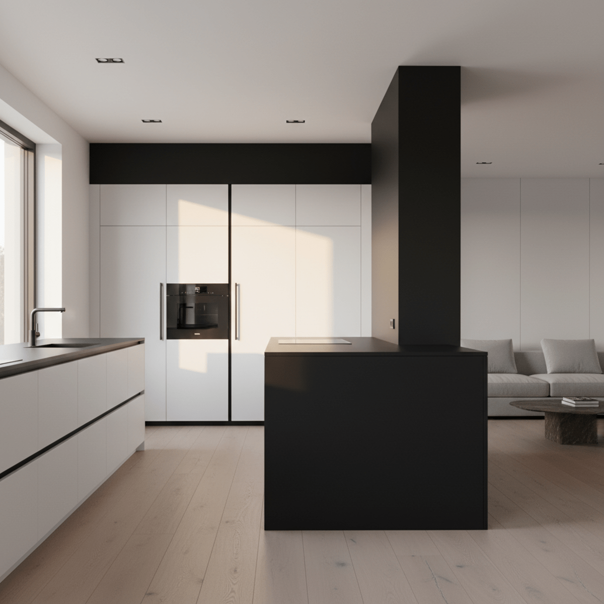 Modern black and white kitchen with handle-less cabinets bathed in golden hour sunlight.