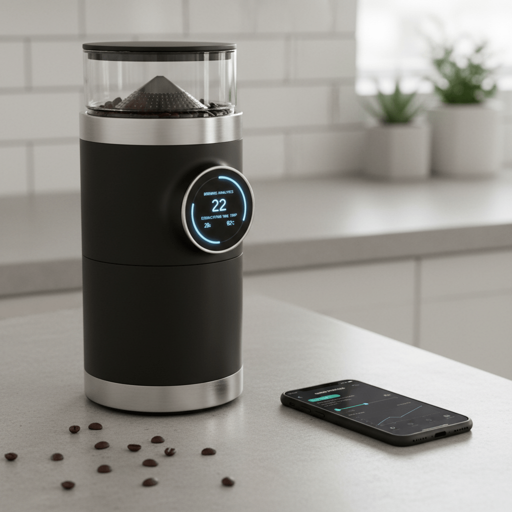 Sleek futuristic smart coffee grinder with digital display on kitchen countertop.