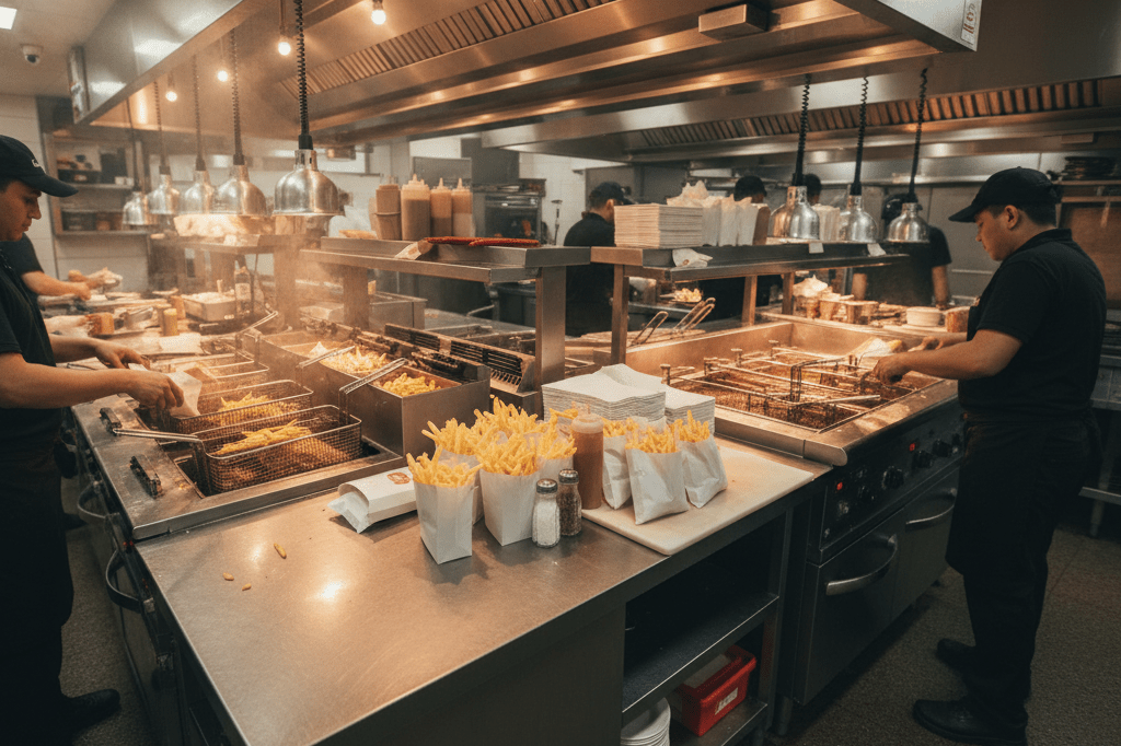 Efficient fast-food kitchen preparing popular menu items Wide shot of a busy fast-food kitchen focused on fry production, highlighting streamlined operations under warm ambient lighting