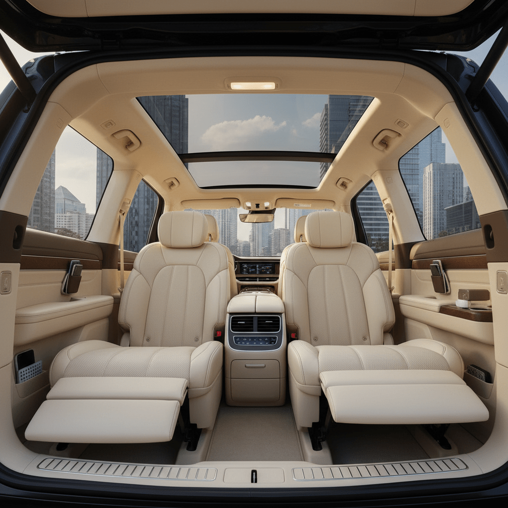 Spacious luxury SUV interior with flexible seating Luxurious 7-seater SUV interior with transformed third row and panoramic sunroof.