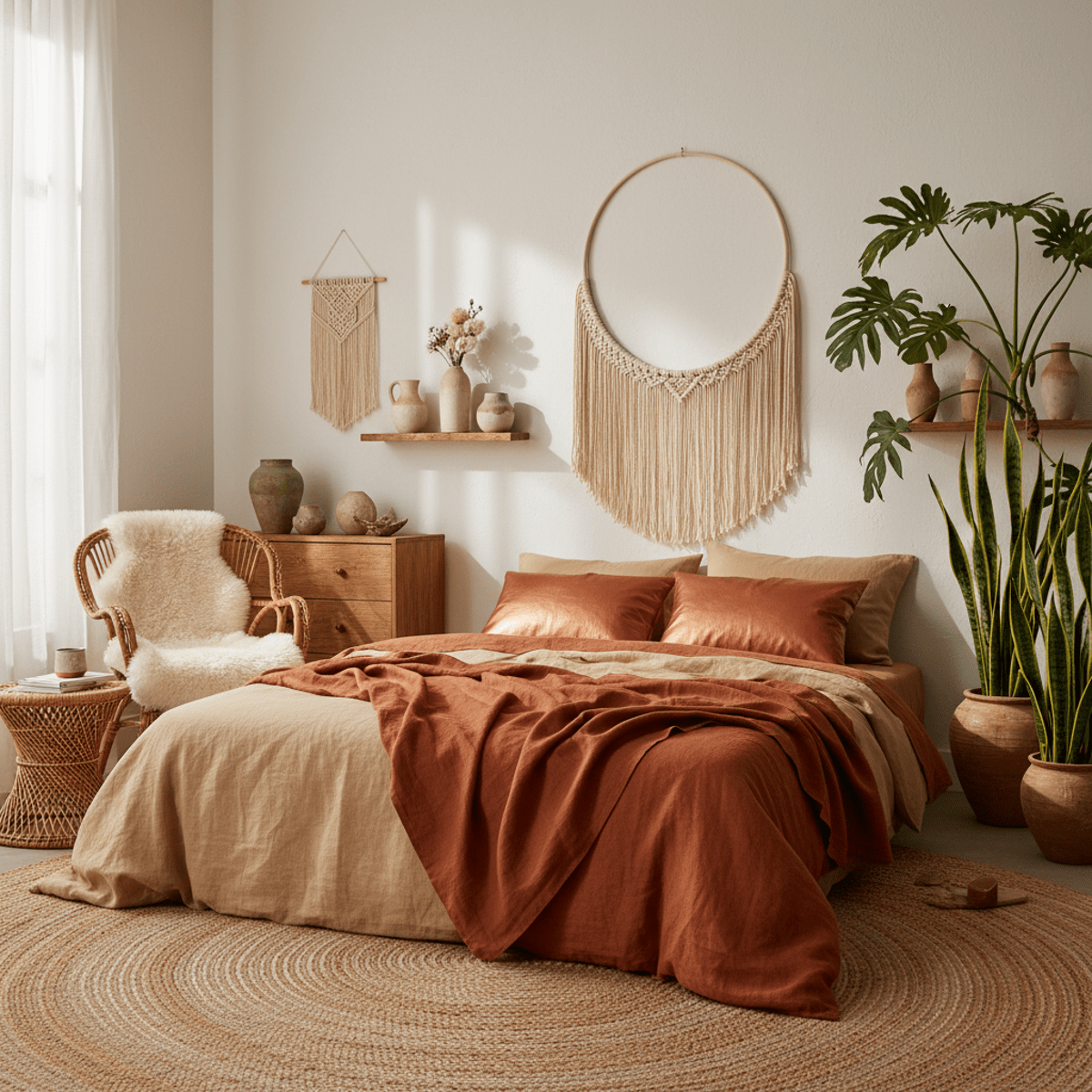 Serene bohemian bedroom with rumpled linen, rattan, and lush plants.