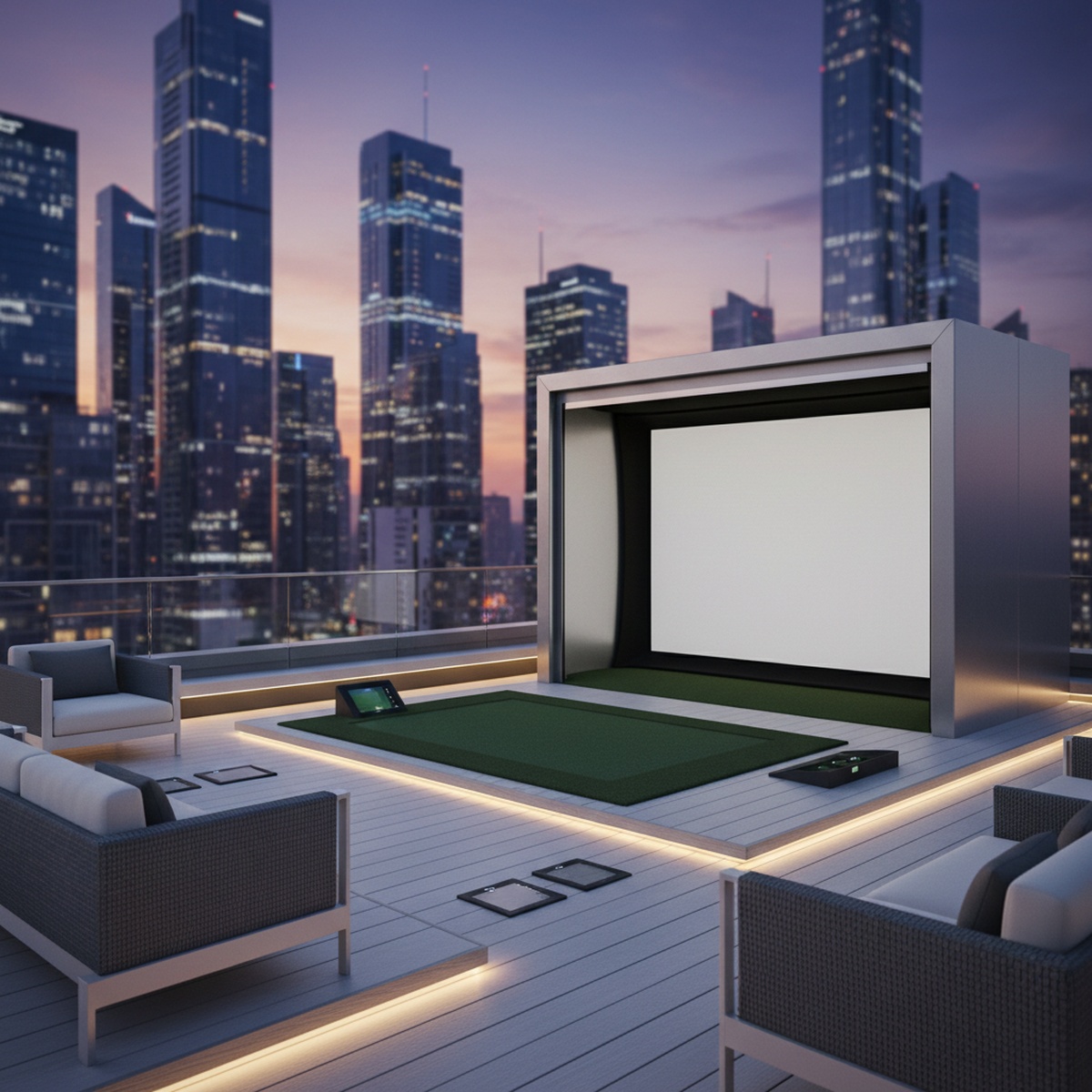 Sleek minimalist outdoor golf simulator on a modern city rooftop at dusk.