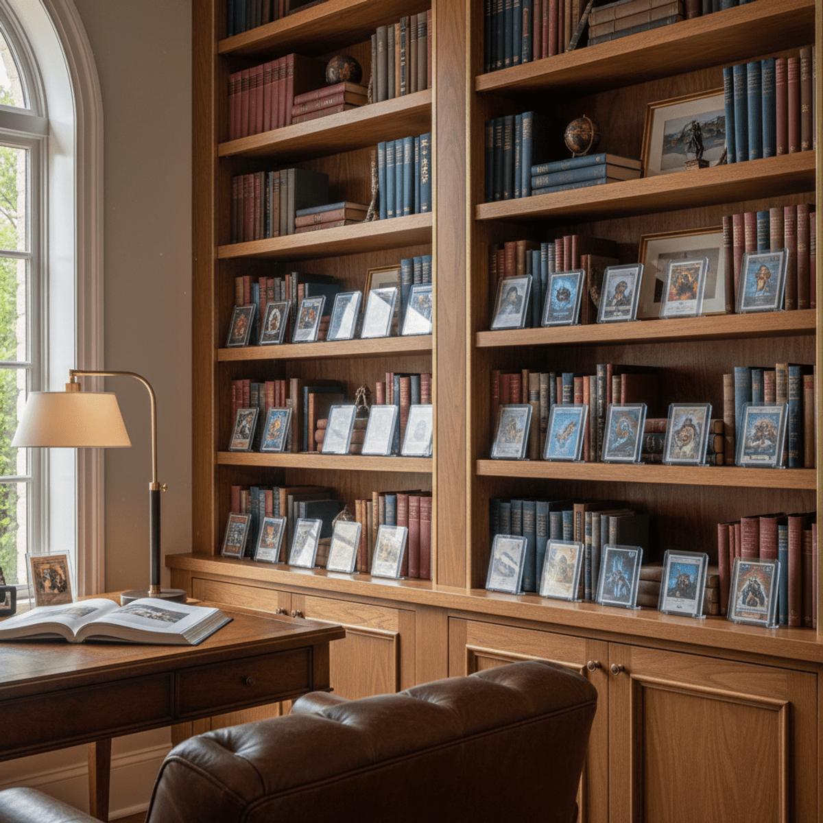 Home library with integrated trading card display among books and art.