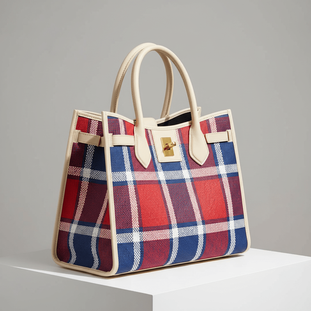 Structured luxury leather tote with bold red, blue, white plaid panels.