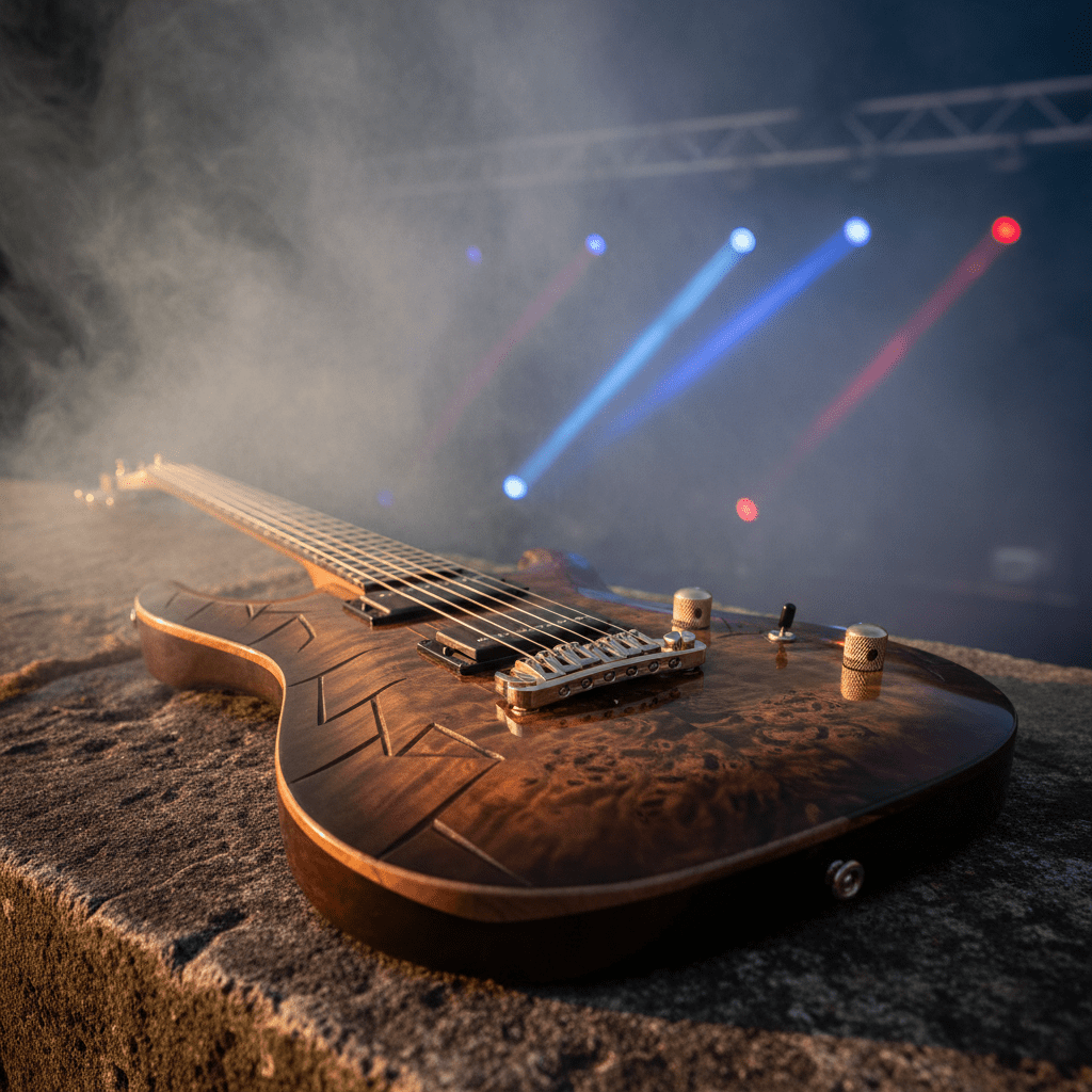 Futuristic baritone guitar on stone with exotic wood and golden hour light.