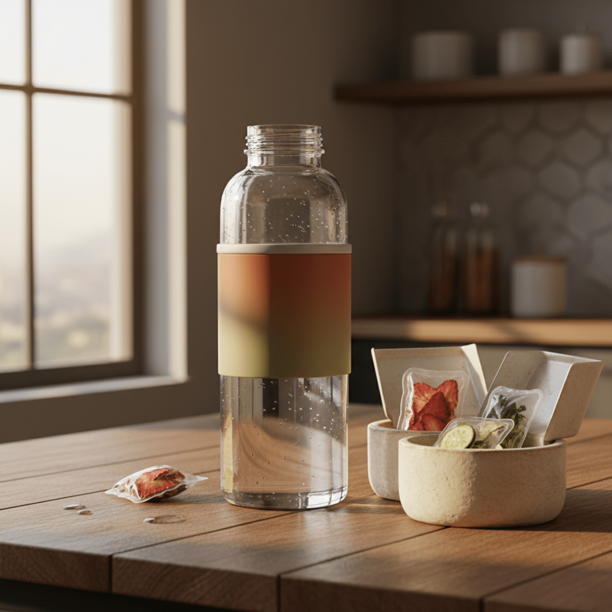 Luxury glass water bottle with flavor pods on a wooden table.