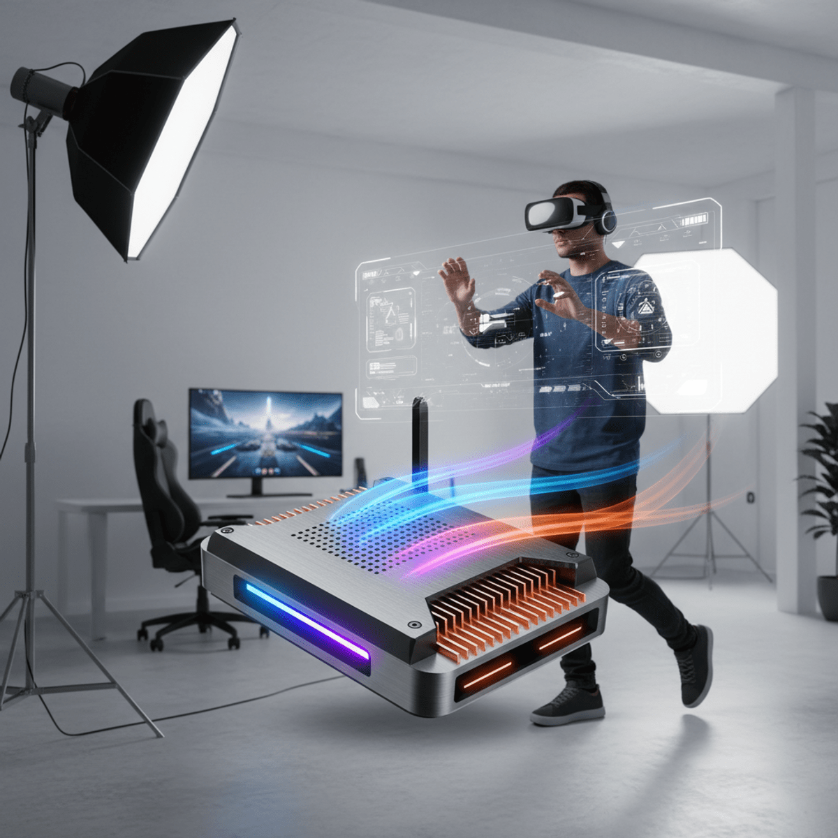 Sleek Wi-Fi dongle with RGB lighting in a futuristic AR gaming setup.