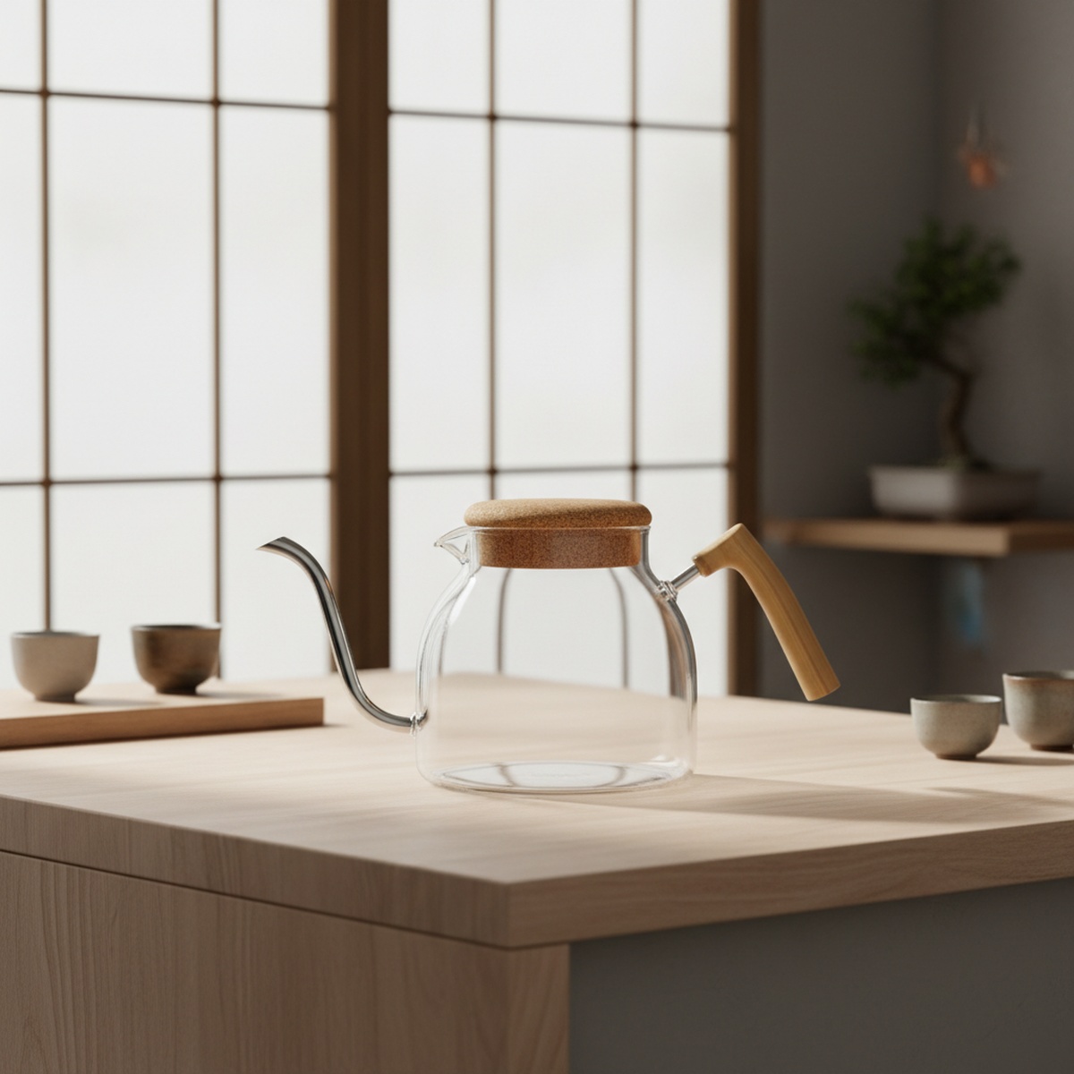 Minimalist glass kettle with bamboo handle on a clean kitchen counter.