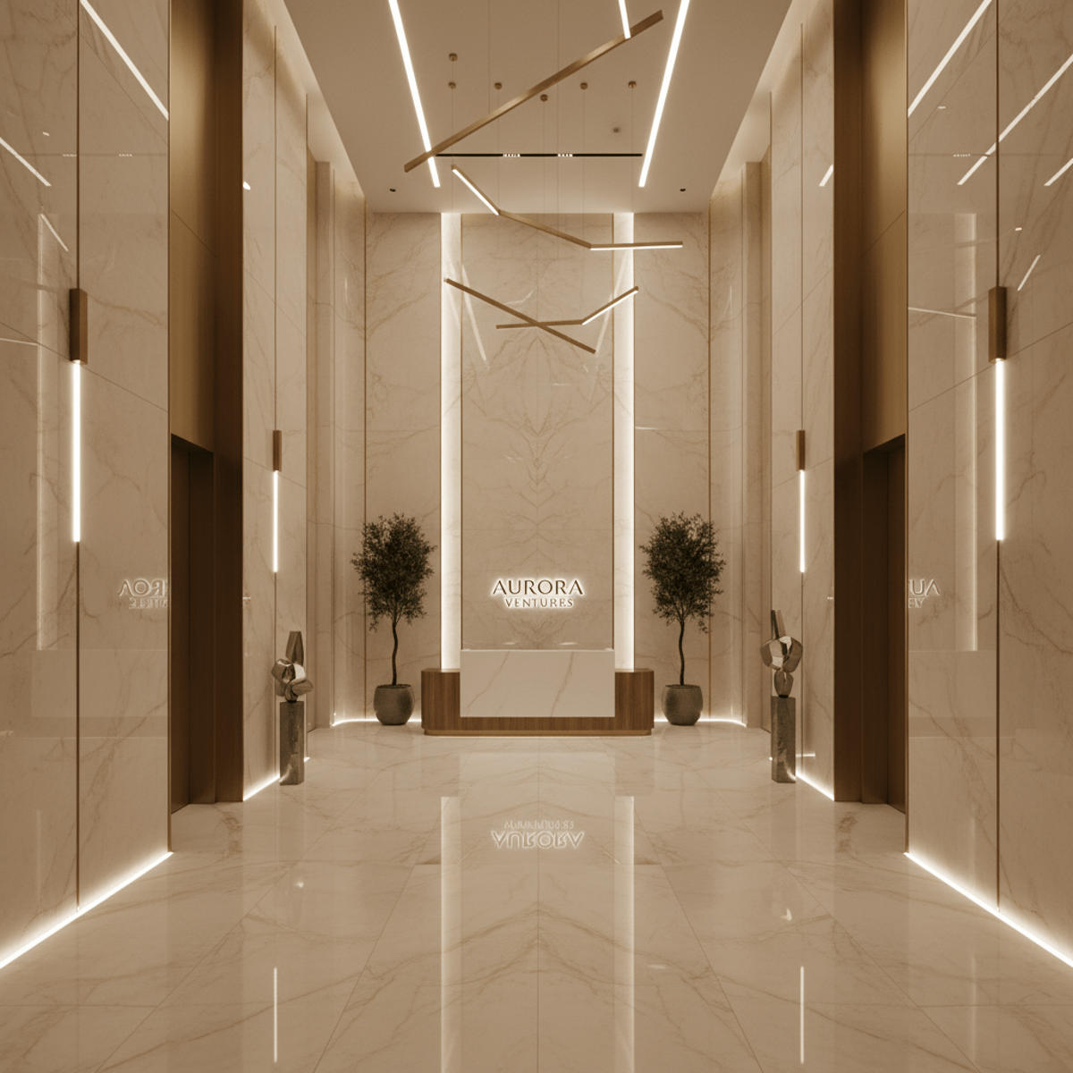 Sophisticated corporate lobby with large-format porcelain flooring and marble-mimic finish.