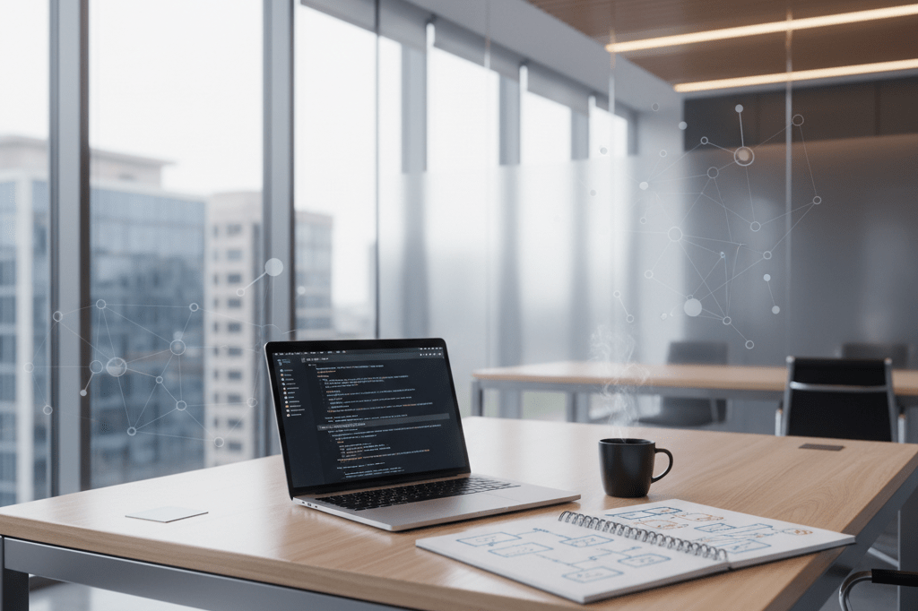 Modern office desk with laptop showing code and technical notes under natural light, highlighting professional AI work environment