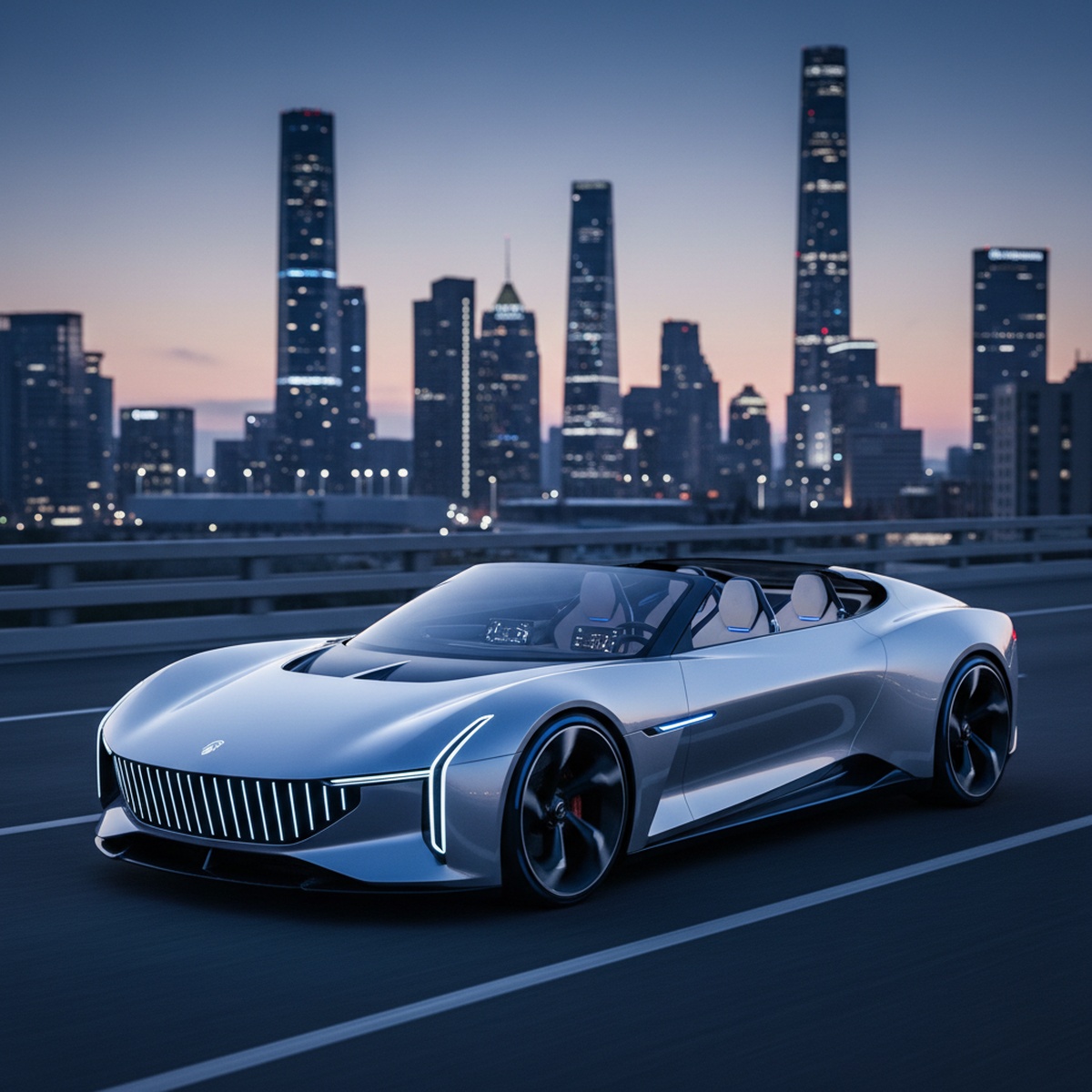 Sleek silver futuristic convertible car with blue highlights at dusk.