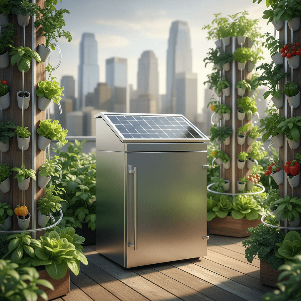 Modern solar refrigerator in a lush rooftop garden with vertical farming towers.