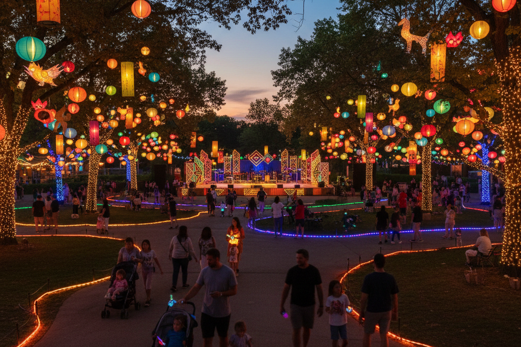 Evening lantern festival scene at Brookfield Zoo Outdoor festival with glowing lanterns and families enjoying evening ambiance at Brookfield Zoo