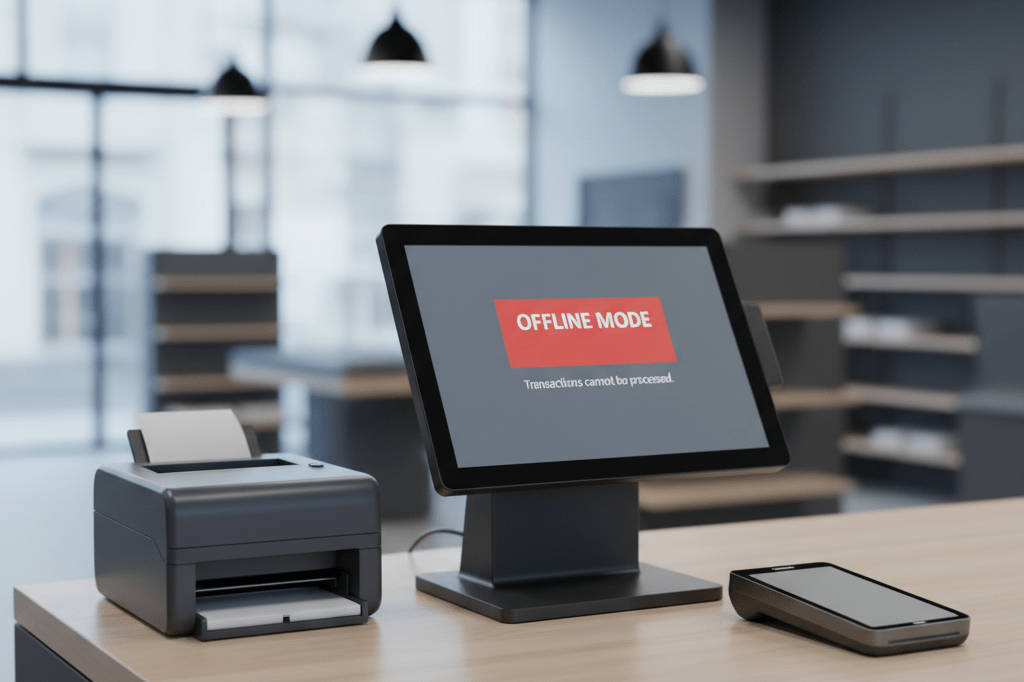 Modern retail point-of-sale terminal in offline mode under ambient indoor lighting, highlighting business continuity challenges