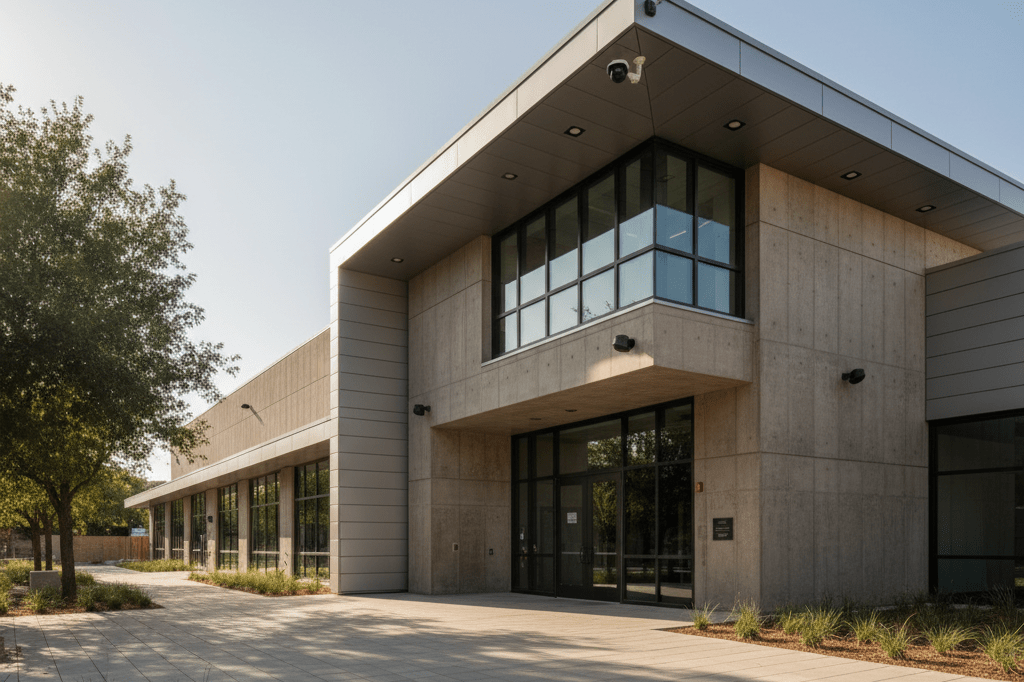 Exterior view of a disaster-proof community center emphasizing advanced protective features and durable materials under ambient lighting