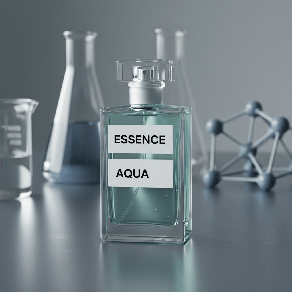 Transparent glass cologne bottle on matte steel with scientific glassware.