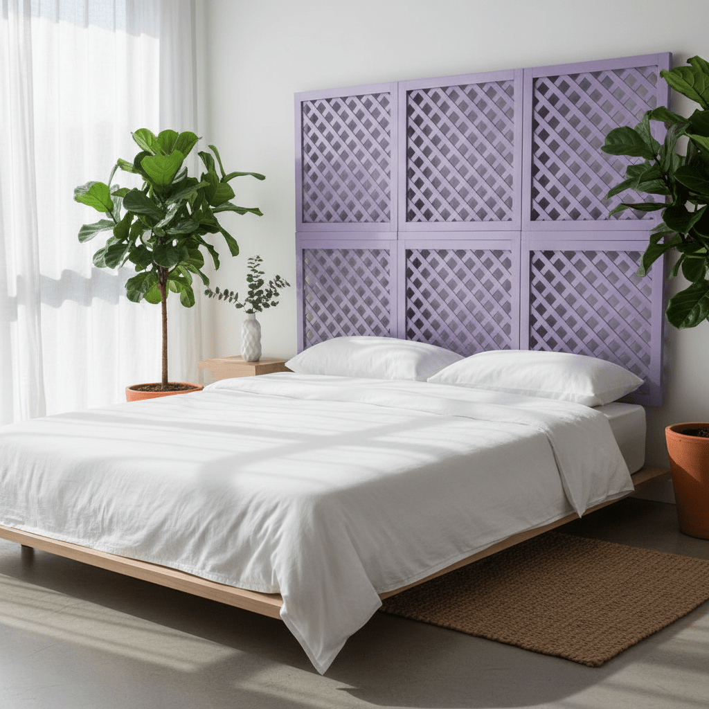 Bold statement headboard made from repurposed lattice panels painted digital lavender.