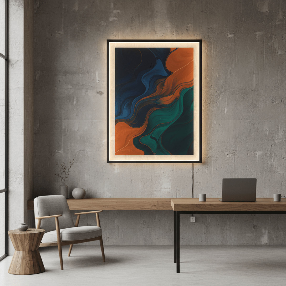 Stylish LED poster frame on modern concrete wall LED poster frame with matte black finish on textured concrete wall.