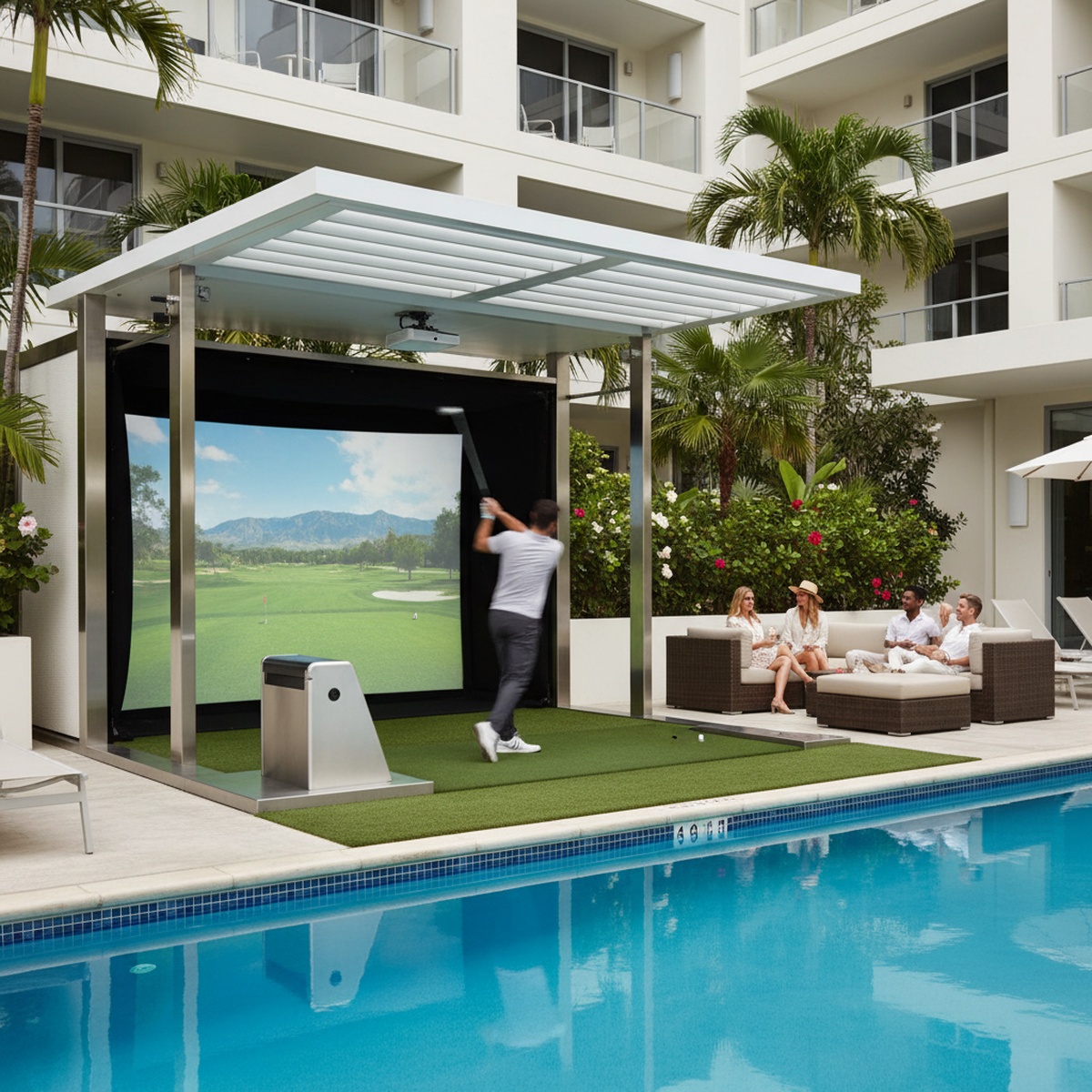 Modern resort cabana with outdoor golf simulator and projection screen by the pool.