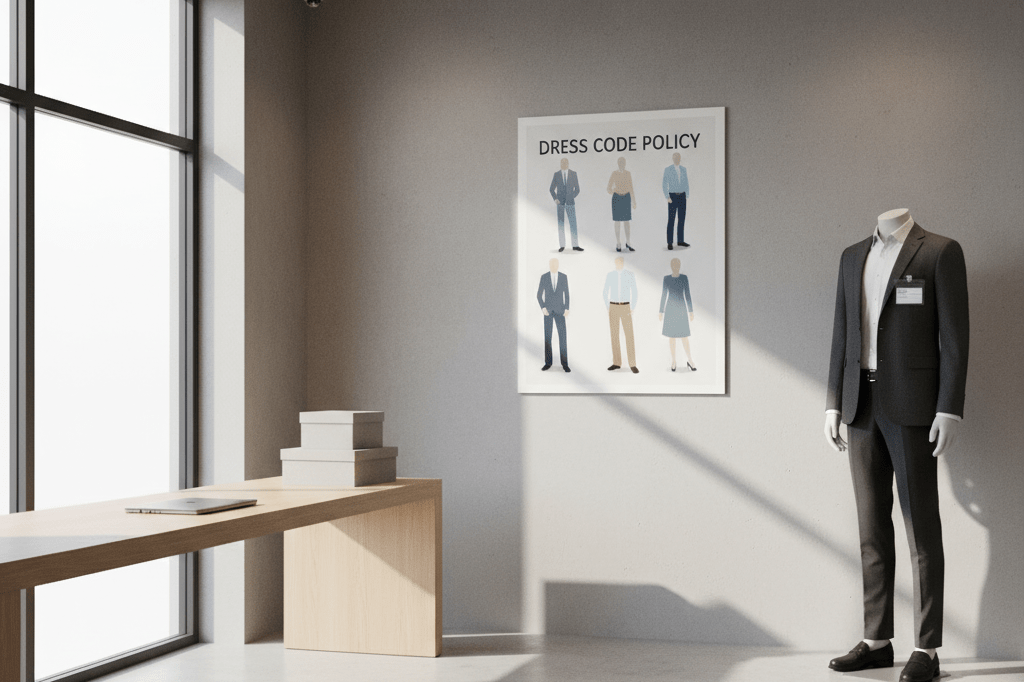 Neatly organized retail workspace featuring a dress code poster and mannequin in generic business attire under natural light, highlighting workplace policies