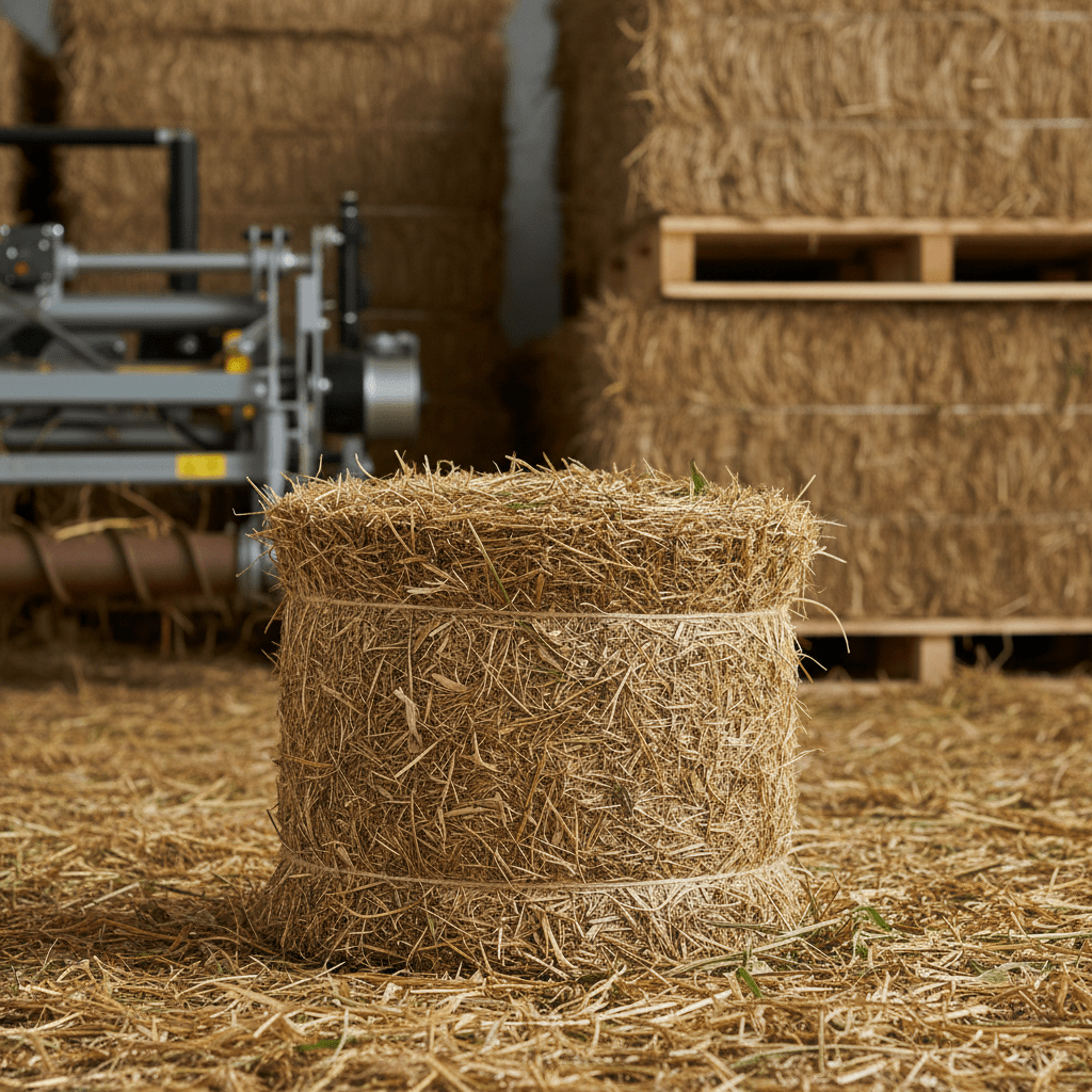 Close-up of a compact, fibrous hemp mini round bale on dry stubble.