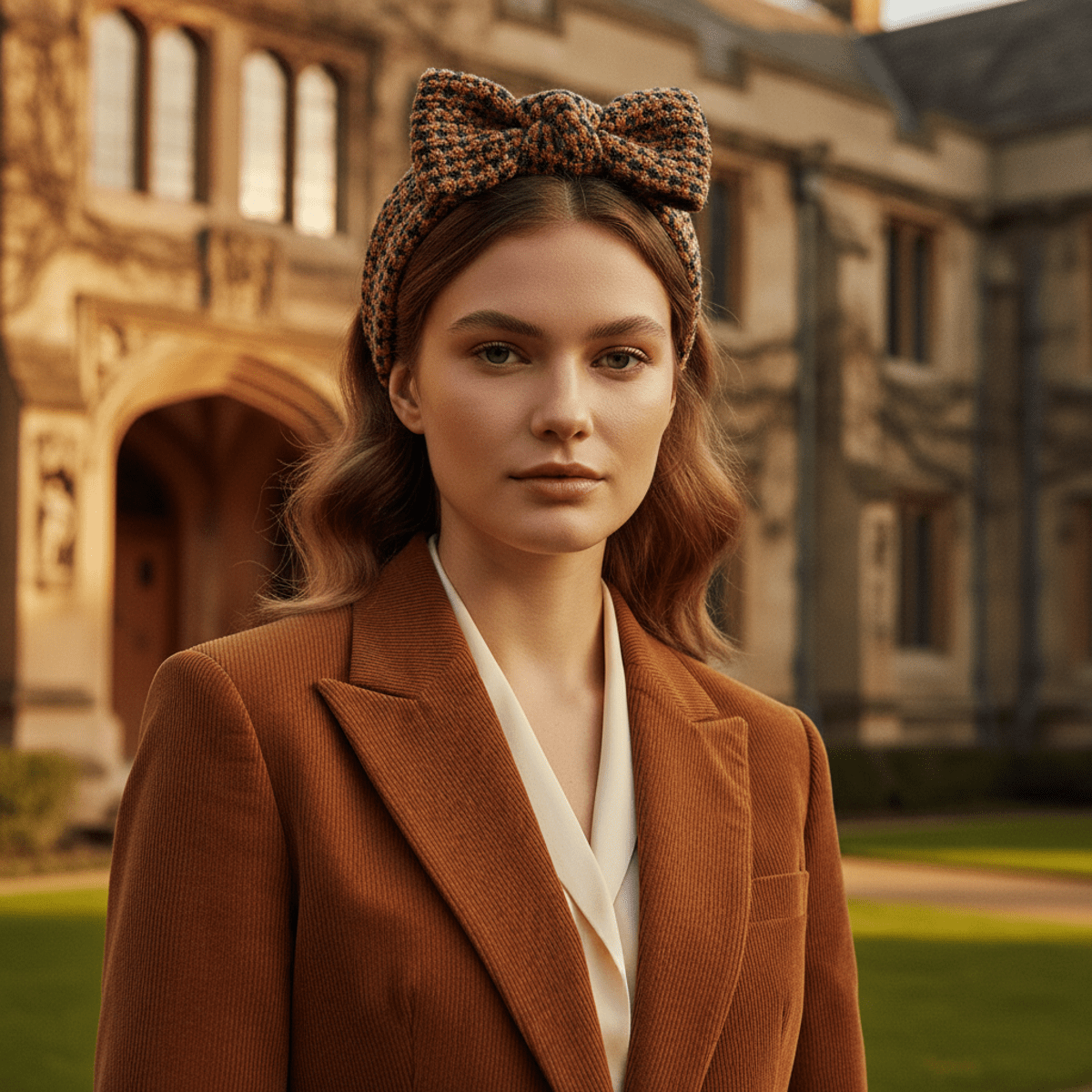 Bouclé bow headband in camel and navy tones, styled outdoors with golden hour light.