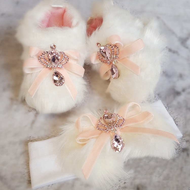 Новое поступление, Хрустальная корона, блестящая обувь для новорожденных, меховые плюшевые теплые зимние детские ботинки с набором повязок на голову