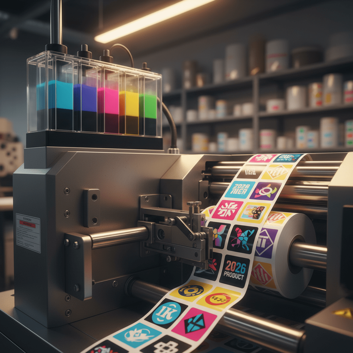 Professional sticker printer in continuous operation with vibrant 6-color output.