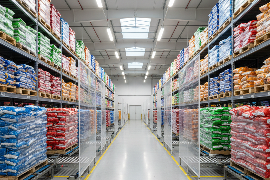 Warehouse aisle with physical barriers separating chip inventory to prevent allergen cross-contamination risks