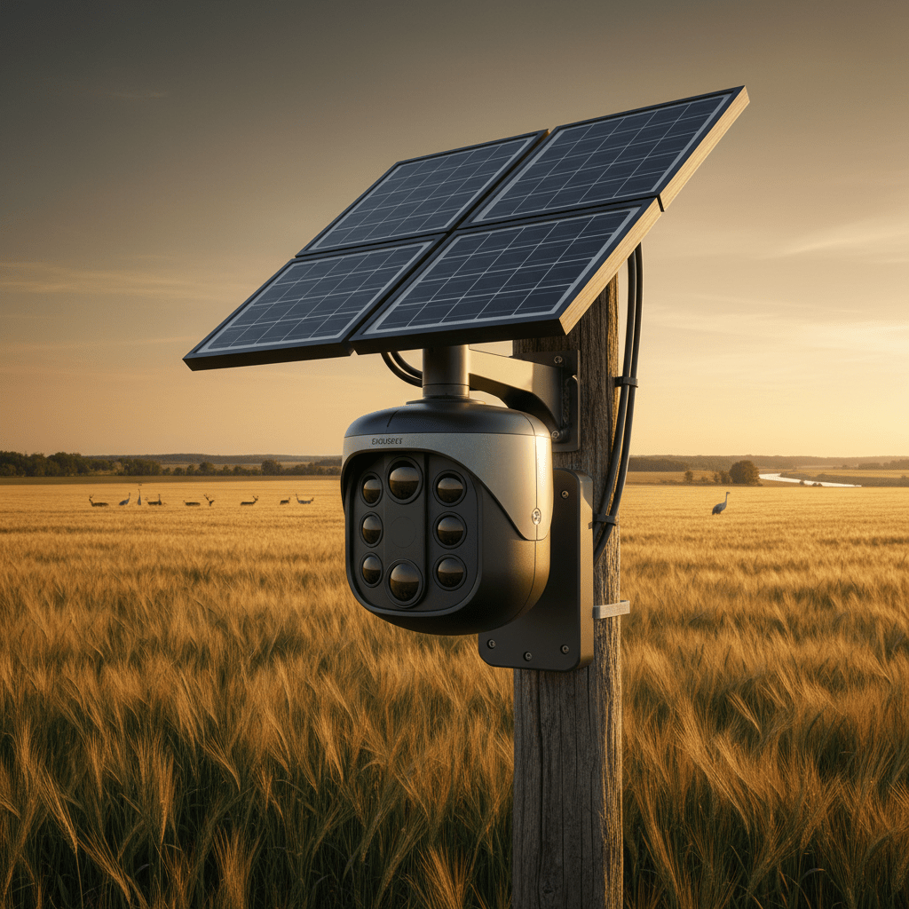 Modern security camera on pole monitors remote field with golden crops and wildlife.