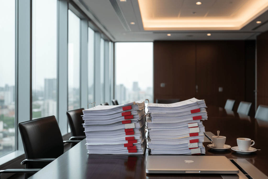 Empty corporate boardroom table with legal documents and laptops under natural light, symbolizing media deal closure