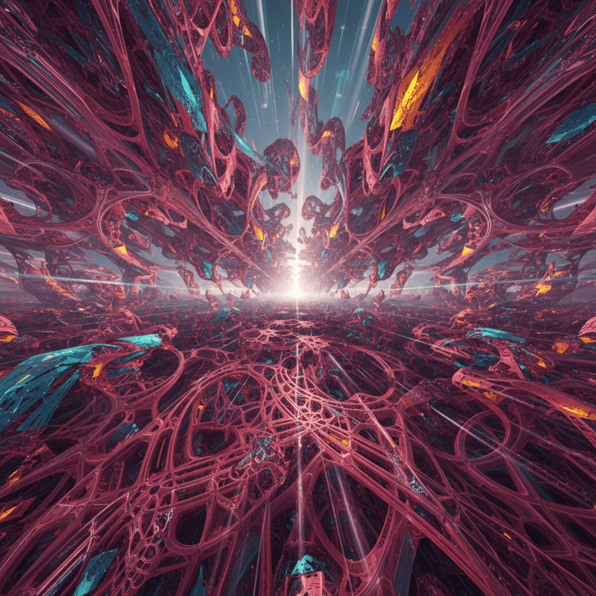 Abstract art shows crystalline structures and warped architecture in a parallel dimension.