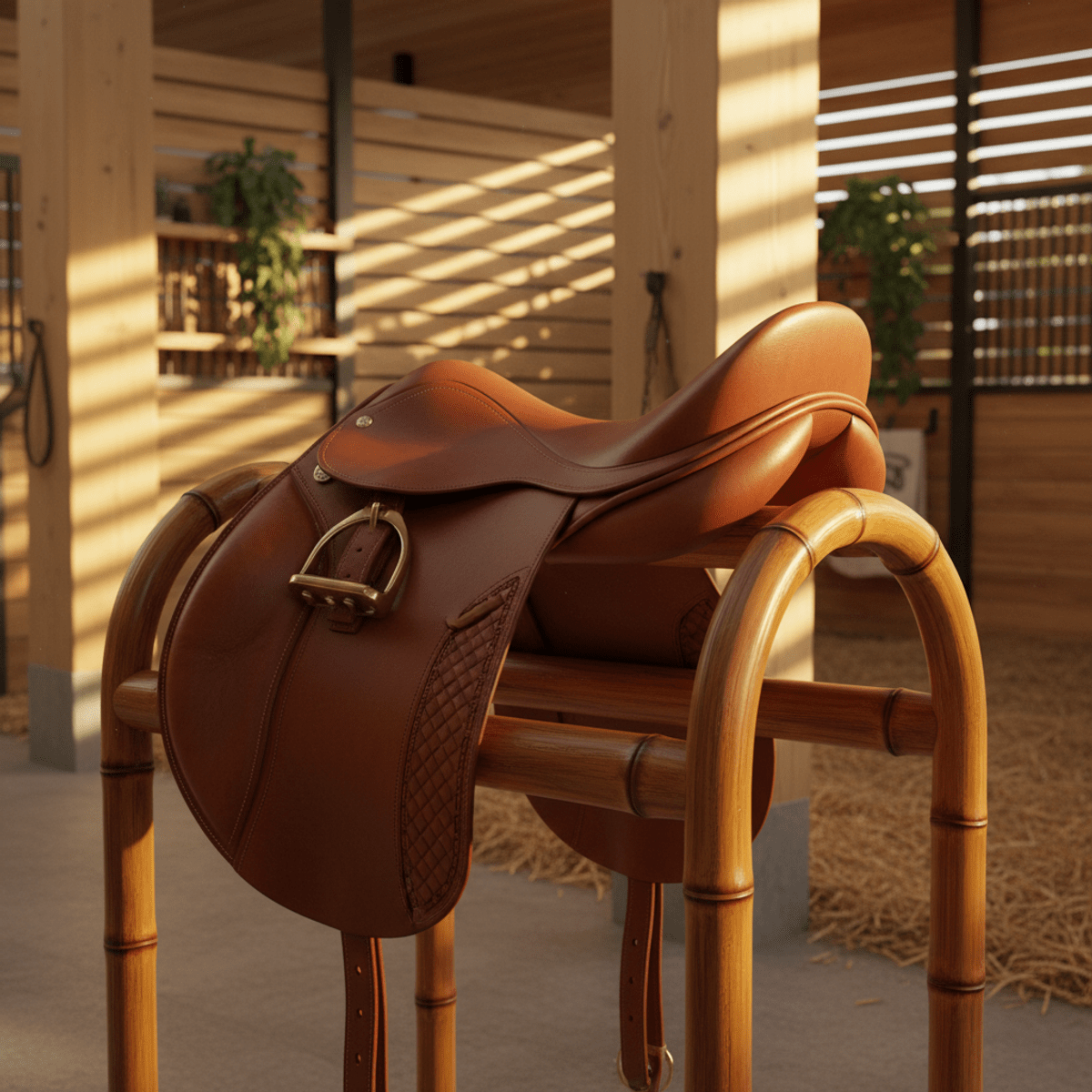 Sustainable bamboo saddle rack with polished leather in a sunlit, eco-conscious stable.