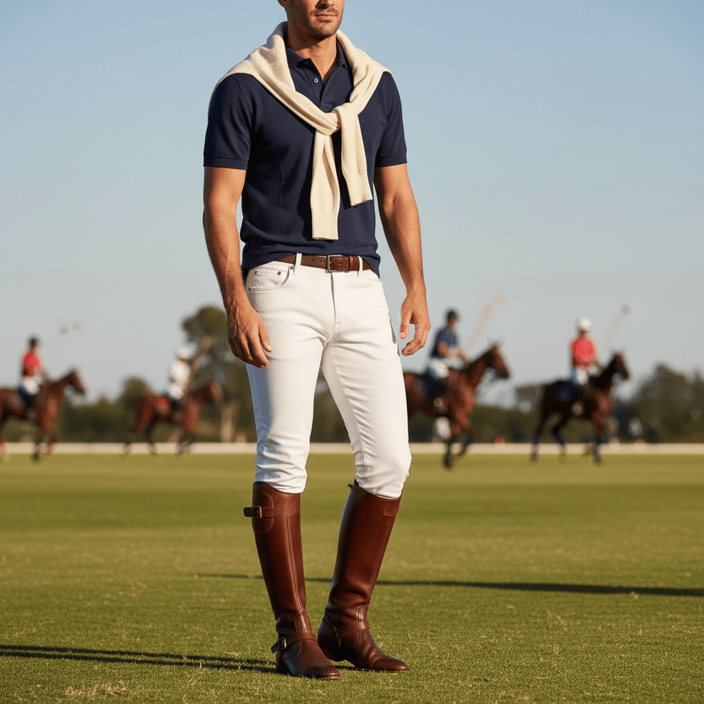 Male model in technical trousers and piqué polo shirt on a polo field.