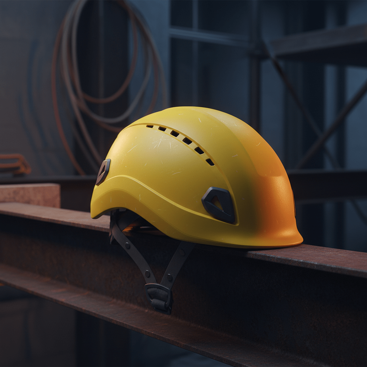 Close-up of a bright yellow futuristic hard hat on a steel beam.