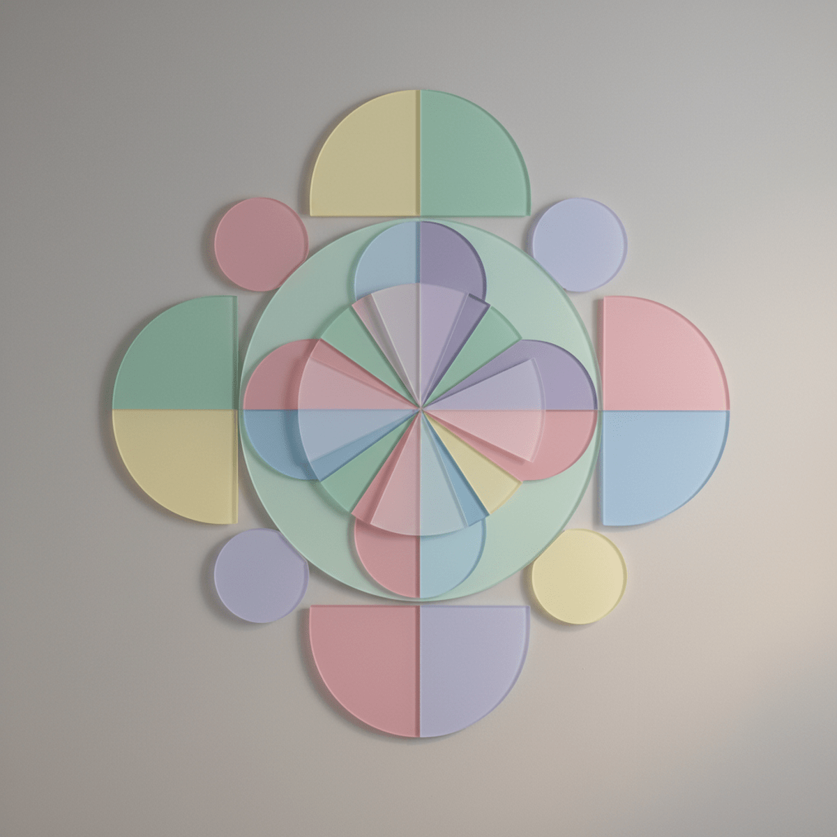 Layered semi-transparent geometric shapes in soft pastel hues create frosted glass depth.