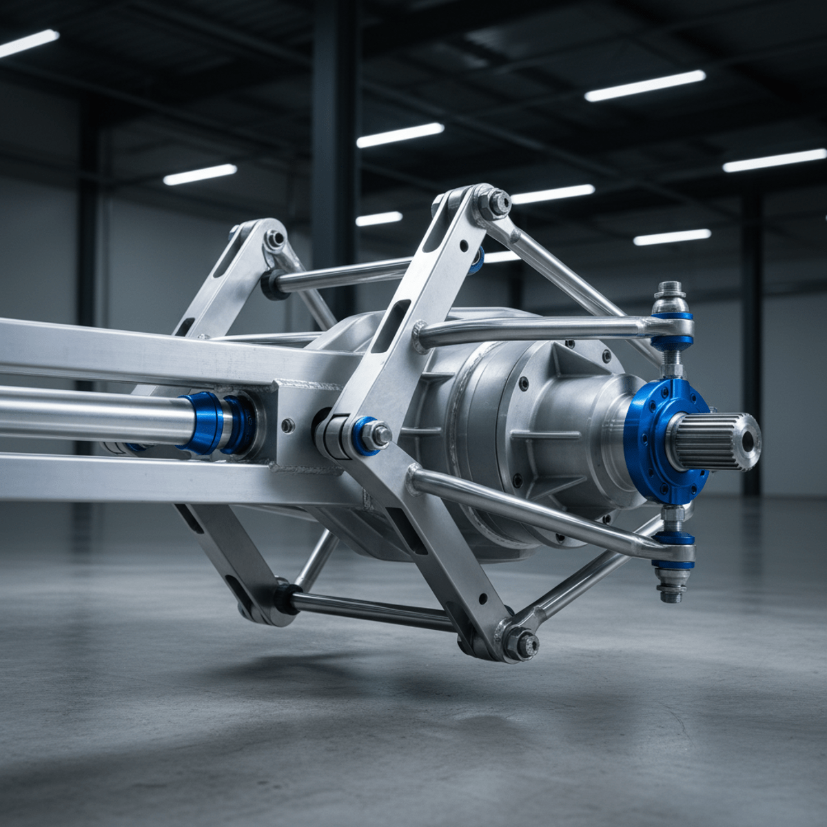 Close-up of a high-performance four-link suspension system with chromoly arms.