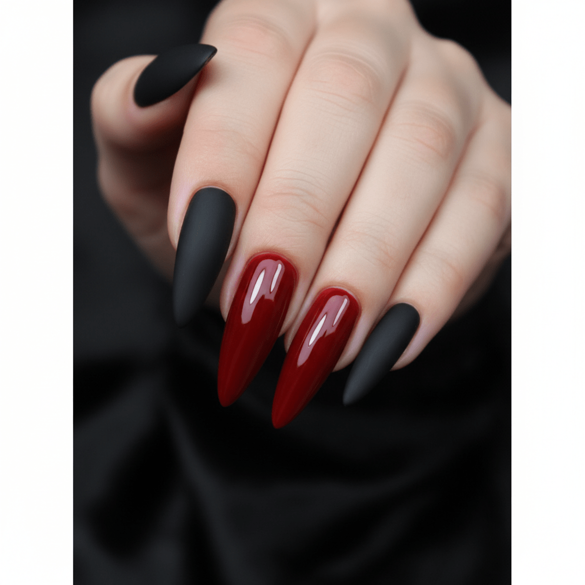 Elegant stiletto nails with matte black to glossy cherry cola ombré.