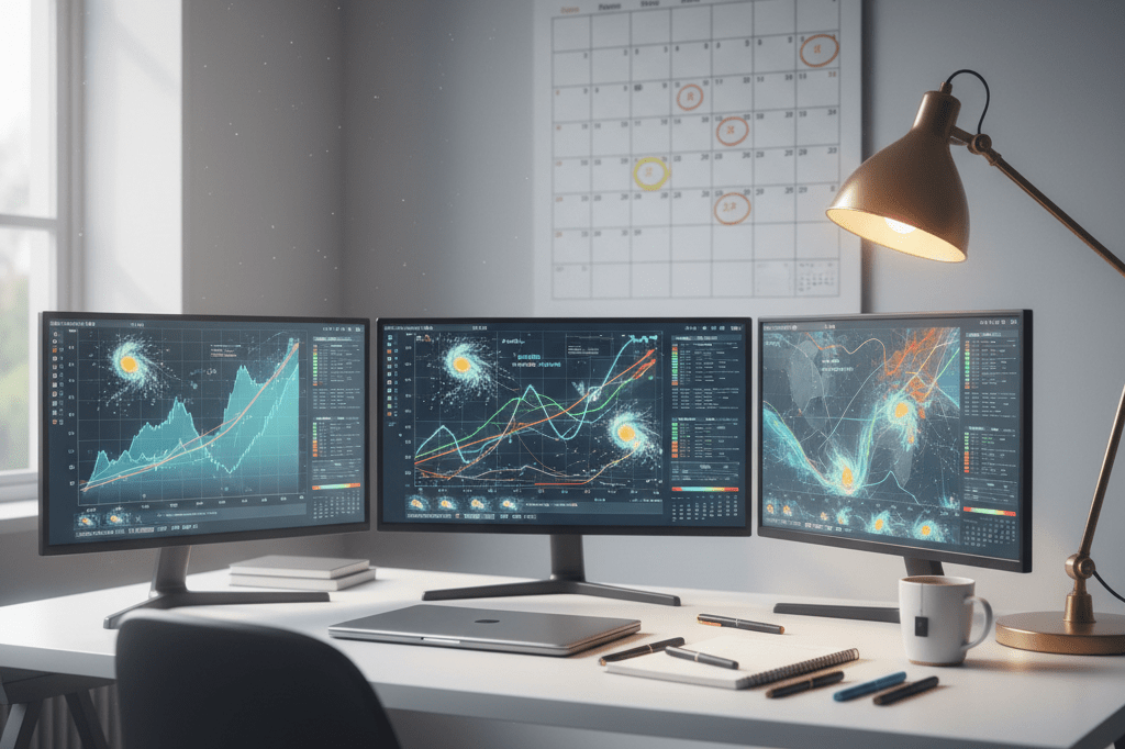 Wide shot of desk with climate graphs and tools under natural light, symbolizing data-driven procurement planning