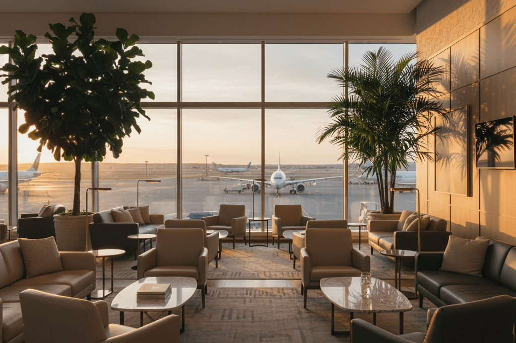 Empty yet inviting airport lounge with stylish furniture, warm lighting, and airplane views symbolizing exclusive access