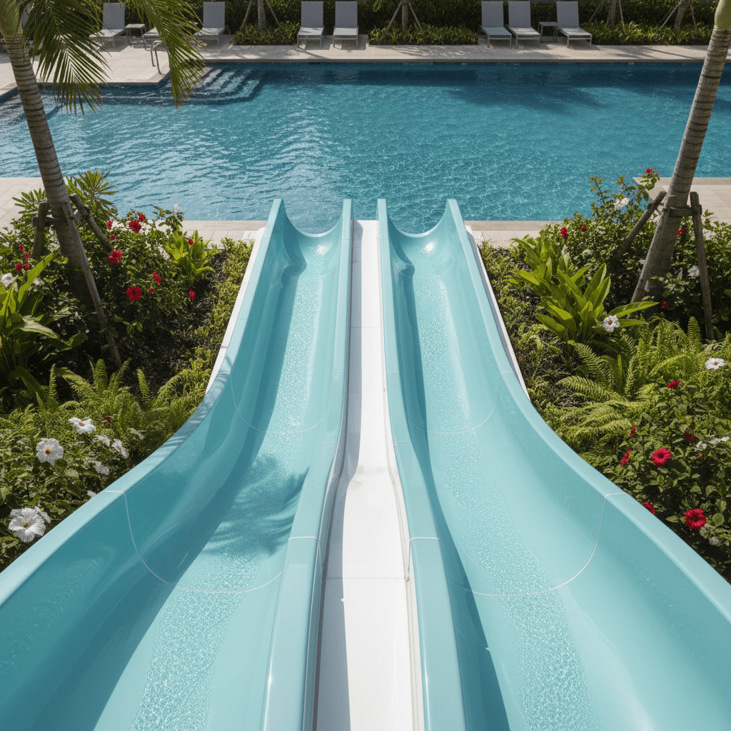 Sleek, symmetrical inground pool slides with aqua-blue and white colors beside a tropical resort pool.