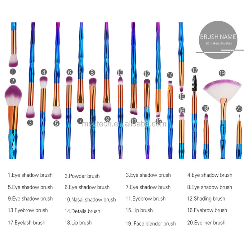 Rainbow Eye Cosmetic Makeup Brush Set Diamond Handle 20PCS Blending Eyeshadow Make Up Brushes