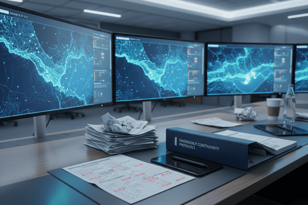 Control room desk with weather alerts and contingency plans under cool ambient light symbolizing business resilience