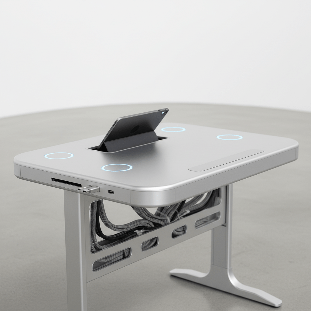 Portable fold-out table in desk mode with embedded wireless charging and tablet channel.