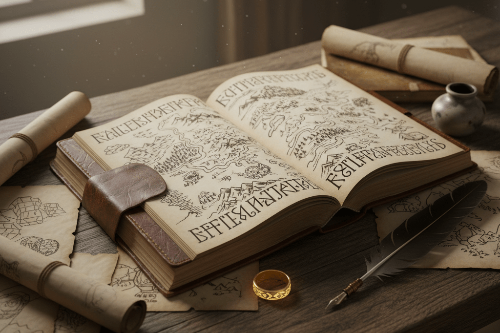 Open leather-bound book with fantasy maps, quill, inkpot, and symbolic ring under warm natural light, evoking meticulous world-building techniques