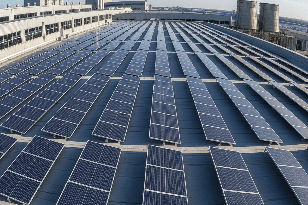 Wide-angle view of solar panels installed on a manufacturing facility rooftop under natural light, showcasing renewable energy adoption amidst global instability