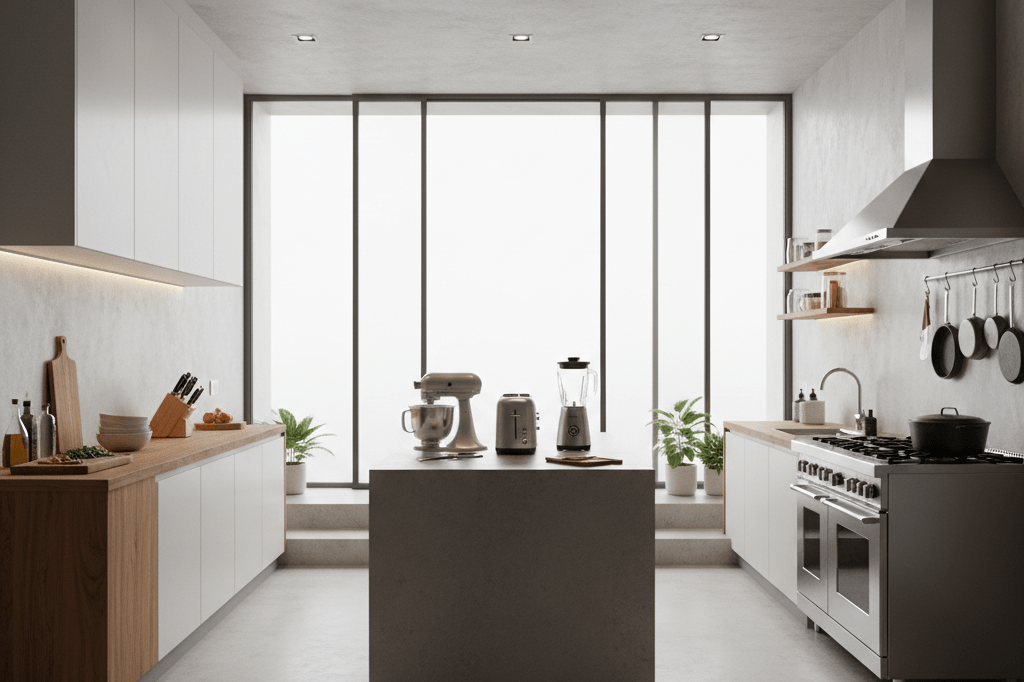 Three-tiered cooking stations showcasing basic to professional-grade tools under natural light, evoking viewer-driven retail demand